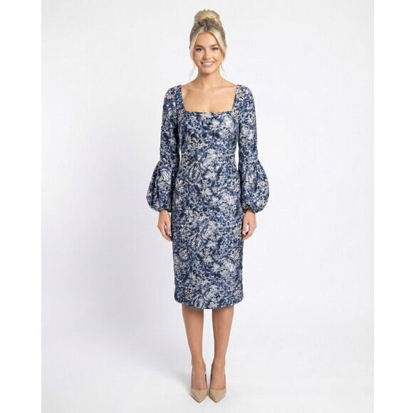 Theia Dresses & Skirts - NWT Theia Brocade Dress 4 Navy Square Puff Sleeve Midi Wedding Guest Cocktail